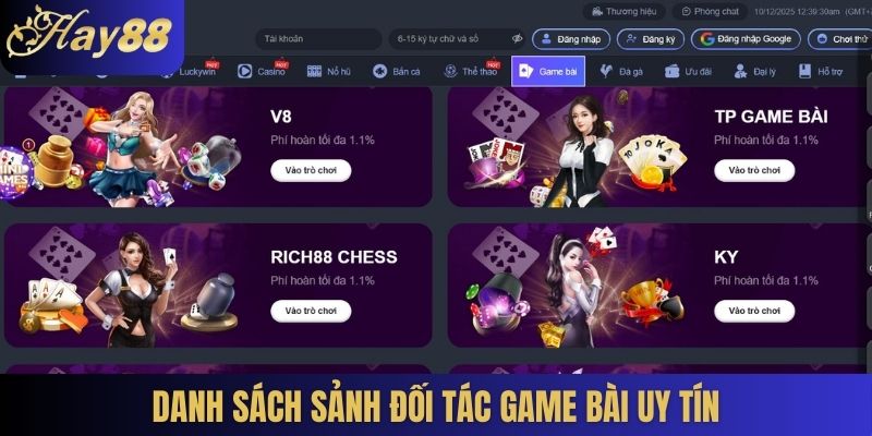 Danh sách sảnh đối tác Game bài uy tín